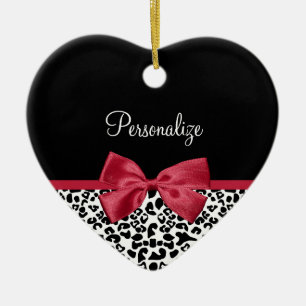 Leopard Red Bow Name Ceramic Ornament