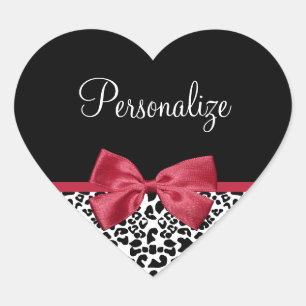Leopard Red Bow Name Heart Sticker