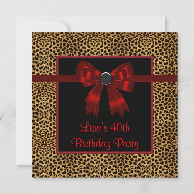 Leopard Red Bow Womans 40th Birthday Invitation (Front)