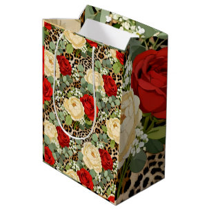 Leopard & Red Rose Pattern - Chic Floral Animal Medium Gift Bag