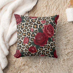 Leopard Red Roses Pattern Throw Pillow