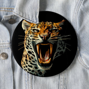 Leopard roaring attack head 6 inch round button