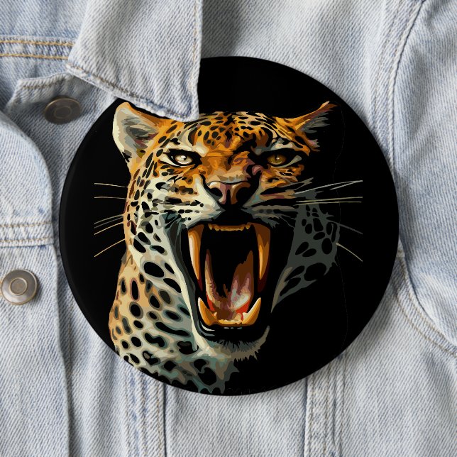 Leopard roaring attack head 6 inch round button (In Situ)