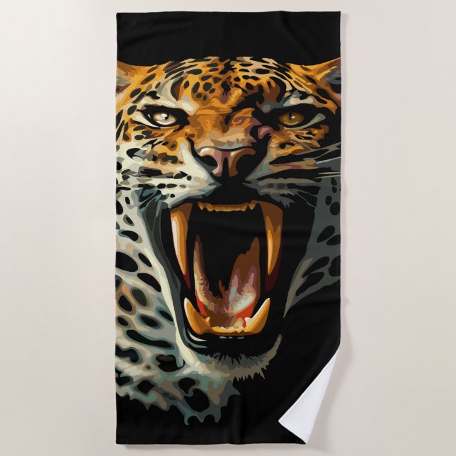 Leopard roaring attack head beach towel (Front)
