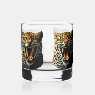 Leopard roaring attack head whiskey glass