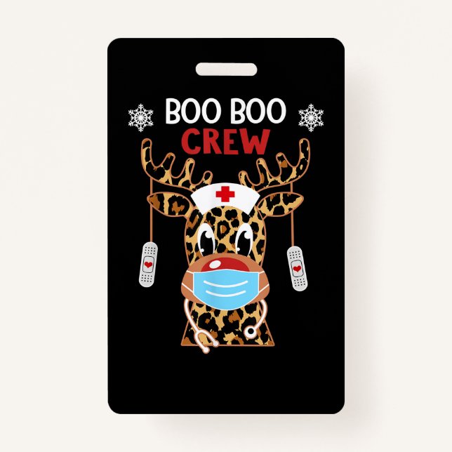 Leopard Rudolph Reindeer Face Mask Nurse Boo Boo Badge (Front)