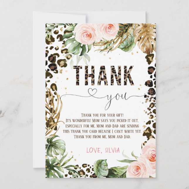 Leopard Safari Birthday Thank you card, Girl Wild  Invitation (Front)