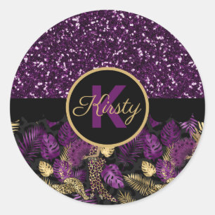 Leopard Safari Palm Leaves Purple Glitter Gold Classic Round Sticker