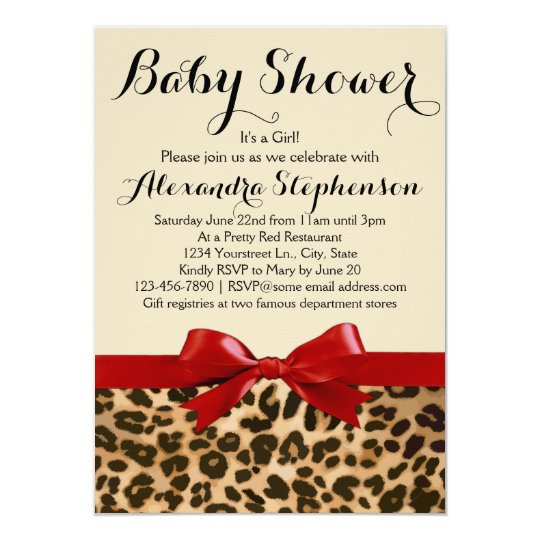 Leopard Safari Red Bow Girl Baby Shower Invitation