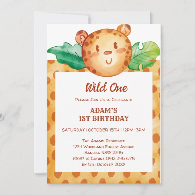 Leopard safari wild one birthday  invitation (Front)