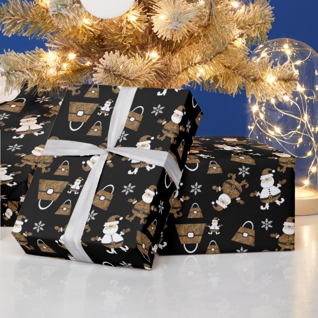 Leopard Santa Purse Pattern On Black Wrapping Paper (Holidays)