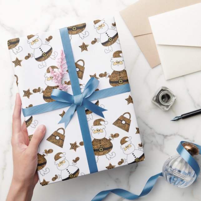 Leopard Santa Purse Star Pattern On White Wrapping Paper (Gifting)