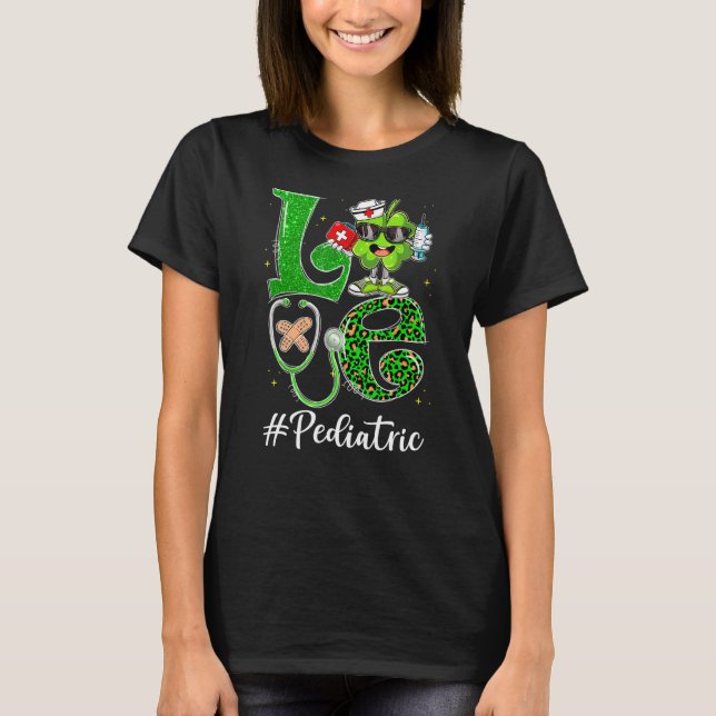 Leopard Shamrock Love Pediatric Nurse St Patricks  T-Shirt (Front)