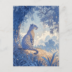 Leopard Sitting in Misty Indigo Watercolor Forest Postcard
