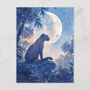 Leopard Sitting on Rock Under Glowing Full Moon Postcard