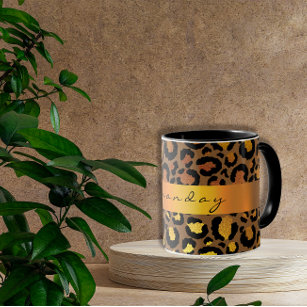 Leopard Skin Black Honey Gold Stripe Name Glam Mug
