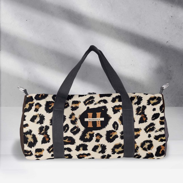Leopard Skin, Modern Animal Pattern, Monogram Duffle Bag (Leopard skin motif print, small duffle bag)