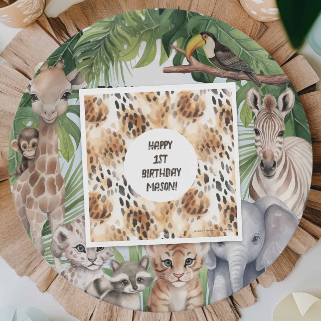 Leopard Skin Pattern, Safari themed 1st birthday Napkin (Leopard skin pattern, Safari jungle birthday paper napkins.)