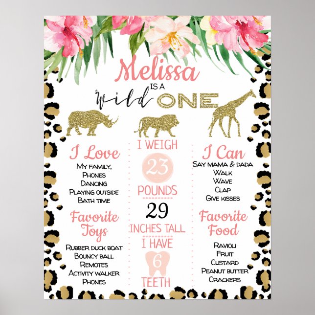 Leopard Skin Safari 1st Birthday Milestone Poster (Front)