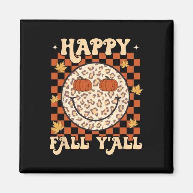 Leopard Smile Face Happy Fall Y'all Retro Groovy A Magnet (Front)