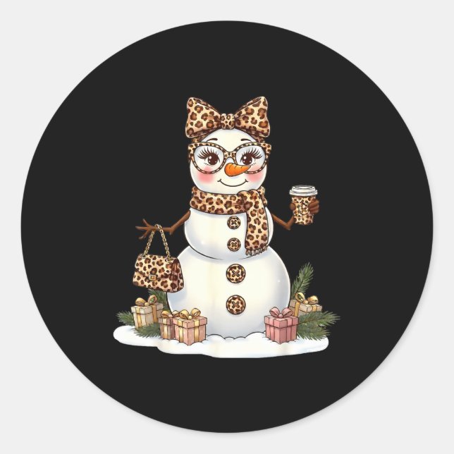 Leopard Snowman With Sungles Funny Christmas Women Classic Round Sticker (Front)