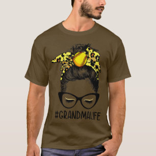 Leopard Softball Grandma Life Messy Bun Game Day M T-Shirt