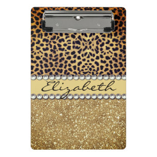 Leopard Spot Gold Glitter Rhinestone Fancy Mini Clipboard