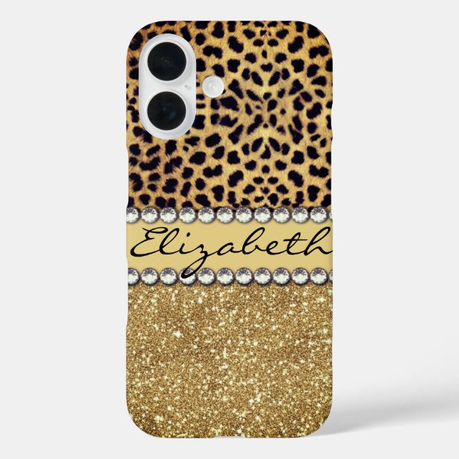Leopard Spot Gold Glitter Rhinestone Personalize Case-Mate iPhone Case (Back)