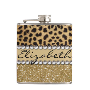 Leopard Spot Gold Glitter Rhinestone PHOTO PRINT Hip Flask