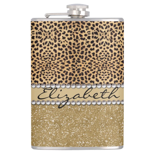 Leopard Spot Gold Glitter Rhinestone PHOTO PRINT Hip Flask (Front)