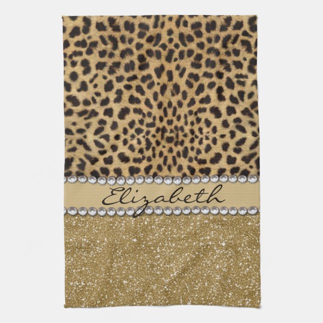 Leopard Spot Gold Glitter Rhinestone PHOTO PRINT Kitchen Towel (Vertical)