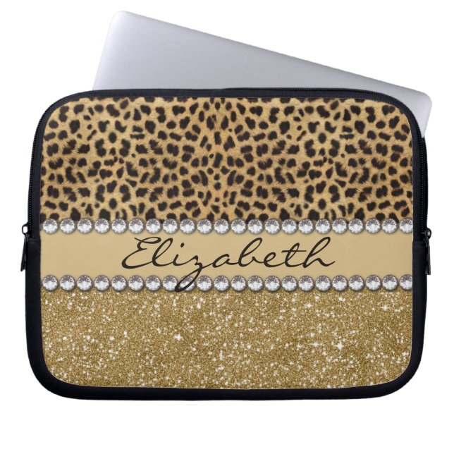Leopard Spot Gold Glitter Rhinestone PHOTO PRINT Laptop Sleeve (Front)