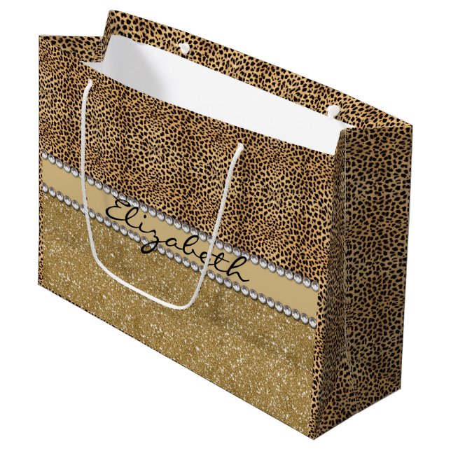 Leopard Spot Gold Glitter Rhinestone PHOTO PRINT Large Gift Bag (Front Angled)