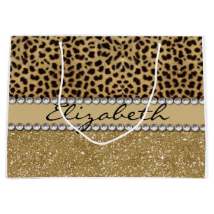 Leopard Spot Gold Glitter Rhinestone PHOTO PRINT Large Gift Bag