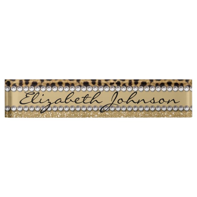 Leopard Spot Gold Glitter Rhinestone PHOTO PRINT Nameplate (Front)