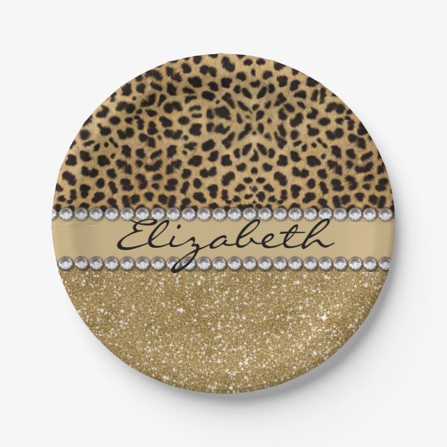 Leopard Spot Gold Glitter Rhinestone PHOTO PRINT Paper Plate (Front)