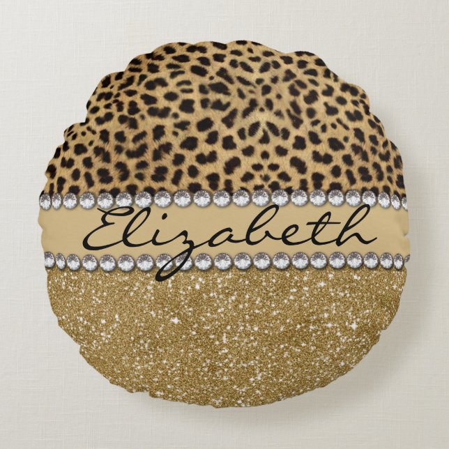 Leopard Spot Gold Glitter Rhinestone PHOTO PRINT Round Pillow (Front)