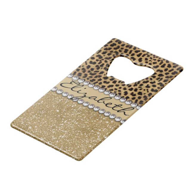Leopard Spot Gold Glitter Rhinestone PHOTO PRINT Wallet Bottle Opener (Front Angled)