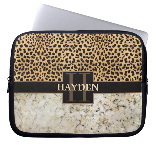 Leopard Spot Marble Monogram Laptop Sleeve (Front)