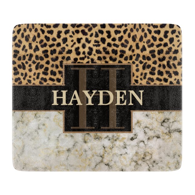 Leopard Spot Marble Monogram Name Cutting Board (Front)