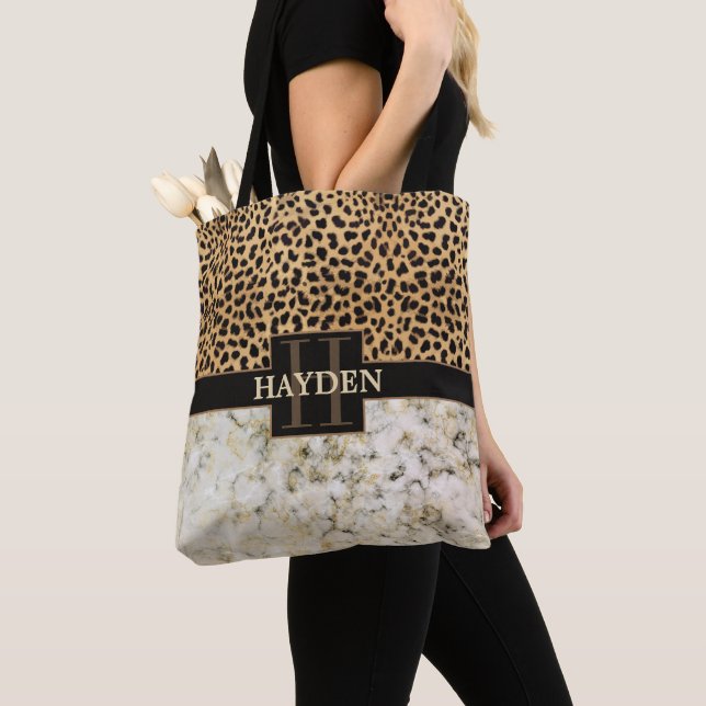 Leopard Spot Marble Monogram Name Tote Bag (Close Up)