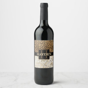 Leopard Spot Marble Monogram Name Wine Label