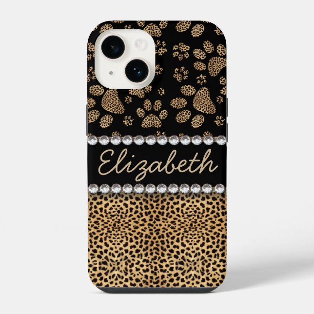 Leopard Spot Paw Prints Rhinestone iPhone Case (Back)