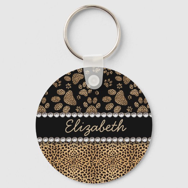 Leopard Spot Paw Prints Rhinestone PHOTO PRINT Keychain (Front)