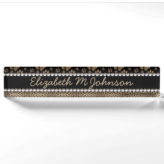 Leopard Spot Paw Prints Rhinestone PHOTO PRINT Nameplate (Front)