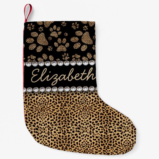 Leopard Spot Paw Prints Rhinestone PHOTO PRINT Small Christmas Stocking (Front)