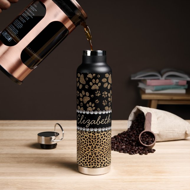 Leopard Spot Paw Prints Rhinestone Water Bottle (Coffee)