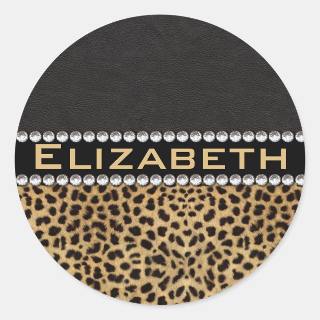 Leopard Spot Rhinestone Diamonds Monogram PHOTO Classic Round Sticker (Front)