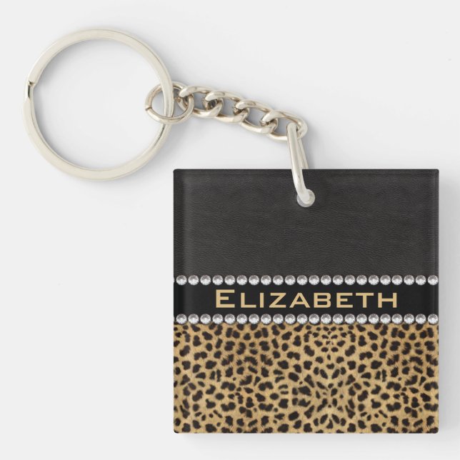 Leopard Spot Rhinestone Diamonds Monogram PHOTO Keychain (Front)