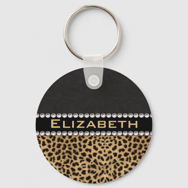 Leopard Spot Rhinestone Diamonds Monogram PHOTO Keychain (Front)